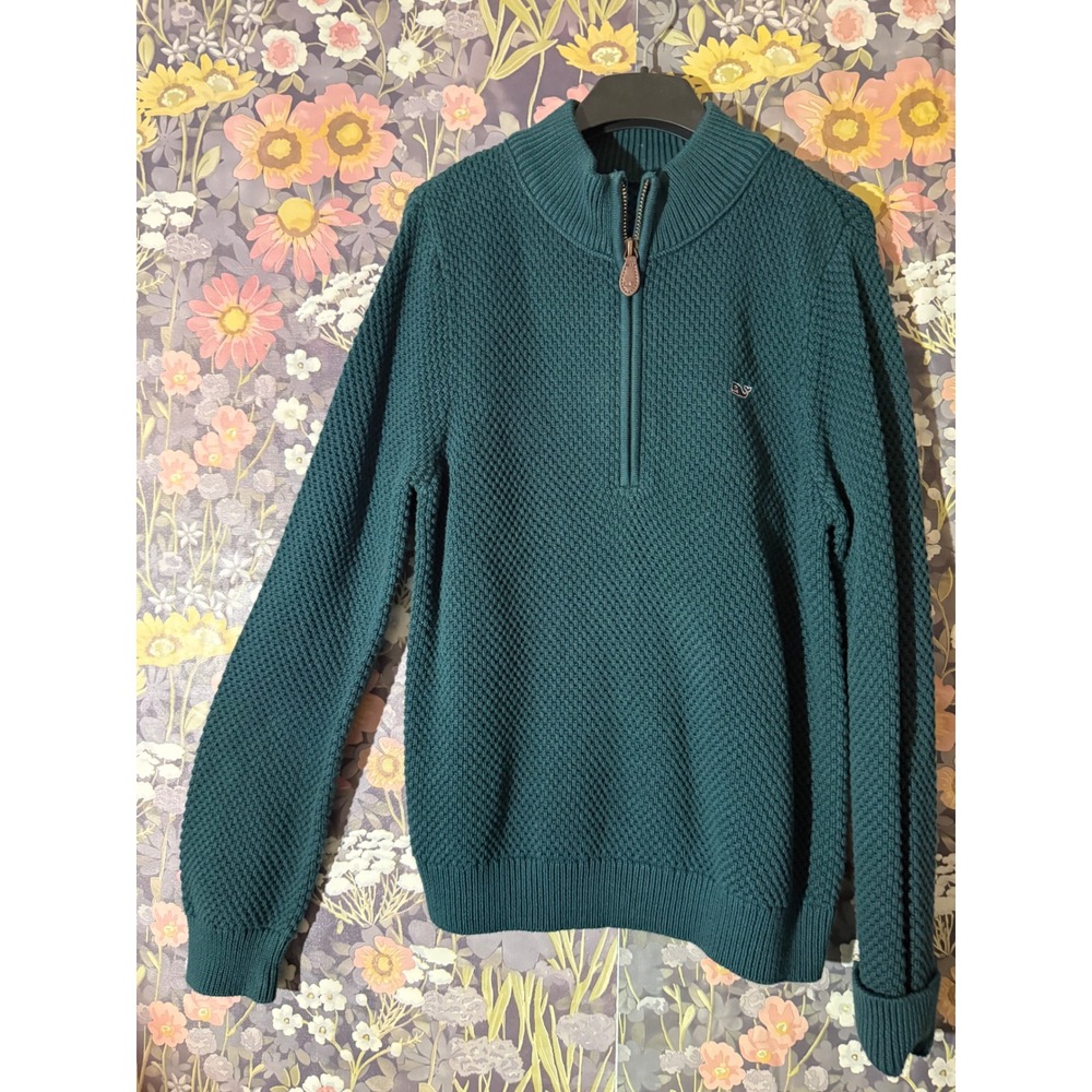 Vineyard Vines Kids 1/4 Zip Sweater Teal Textured Knit Whale Logo Size Medium‎
